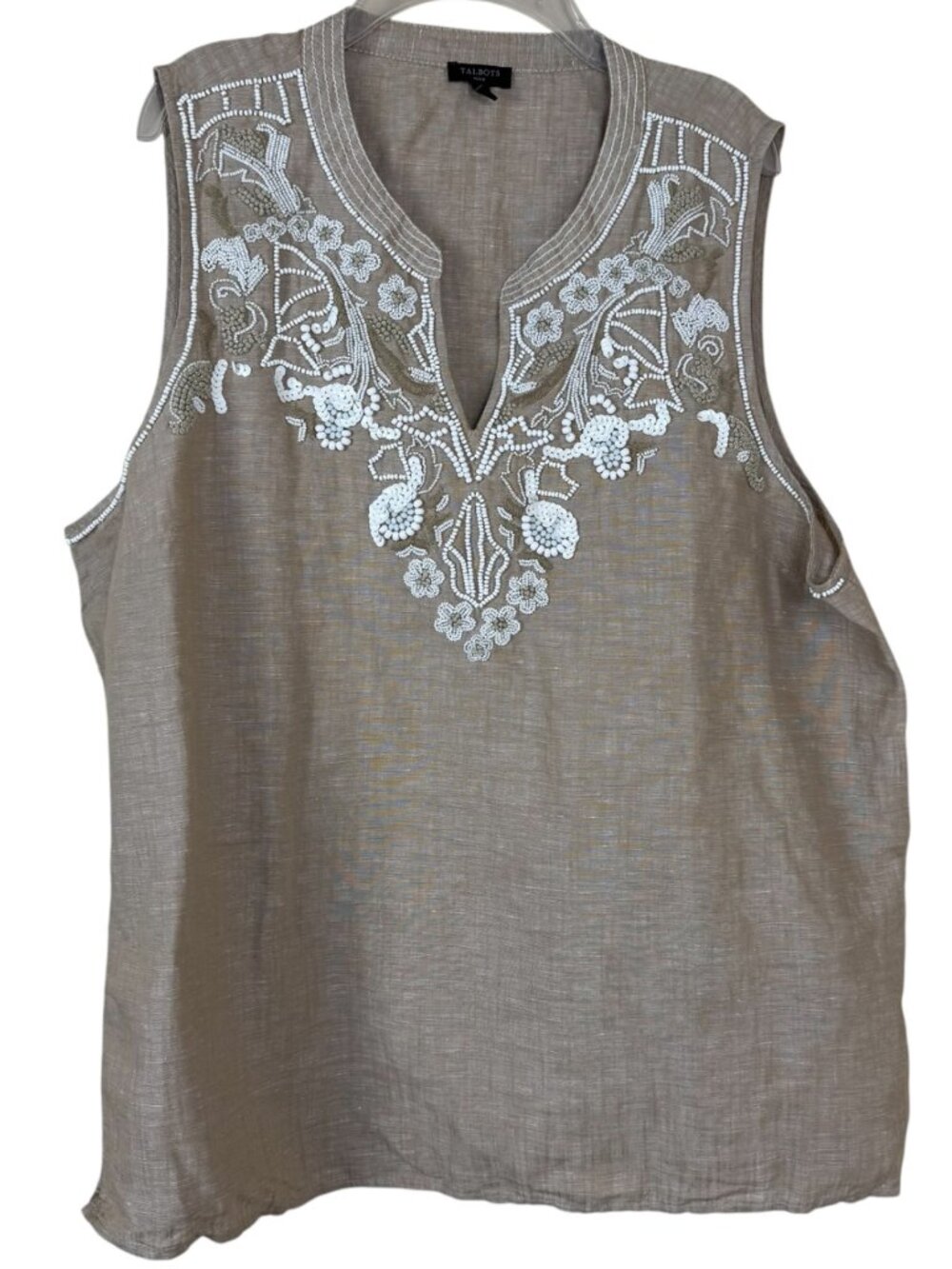 Talbots Beige Sleeveless Blouse Beaded Size XLP Linen Cotton Blend Beachy Resort